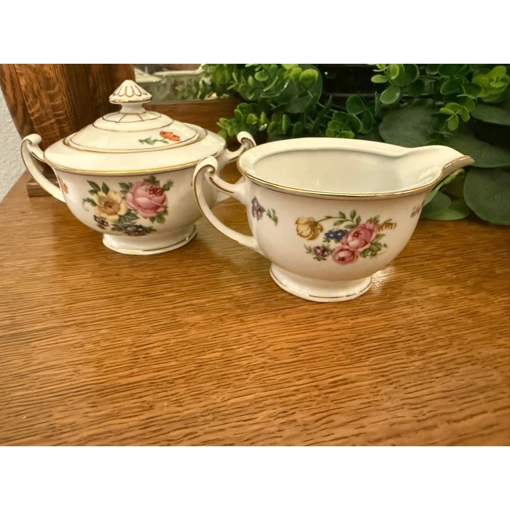 Pirkenhammer PIR4 Creamer Sugar Bowl Lid Floral Gold Czechoslovakia China